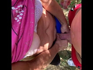 Fuck and cum in thong in public park summer .