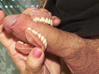 Toothless blowbang with 74 years elderly mother